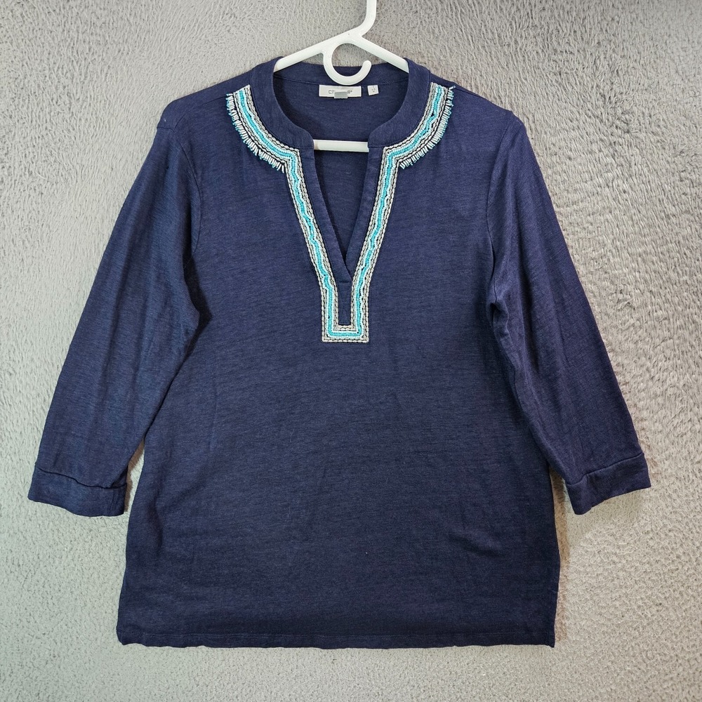 Chico's Tunic Top Blouse‎ Women Size 1 Medium Bead Embellished Linen Navy Blue